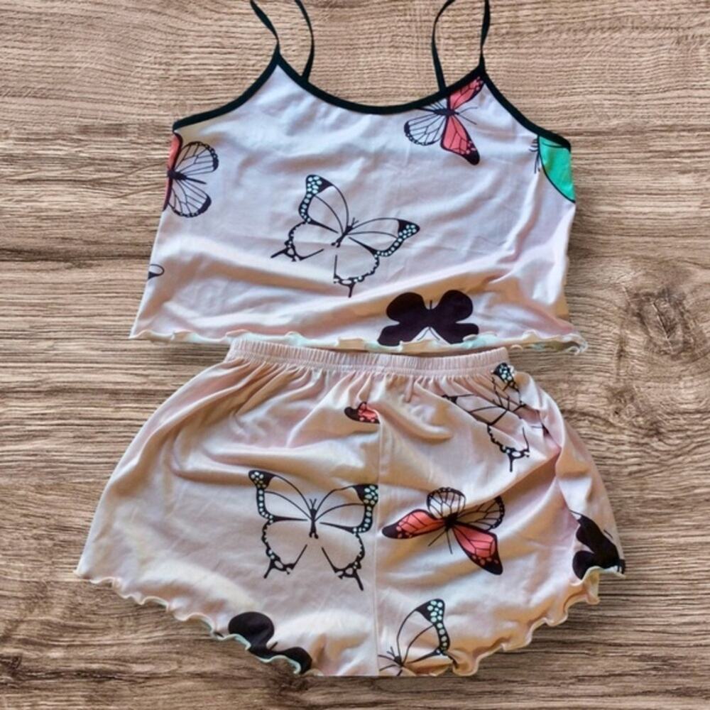 SHEIN pink cropped butterfly PJ set. Small.